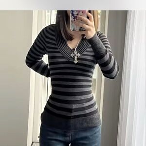 Othr Black and Gray Striped V-Neck Sweater